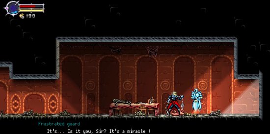 2D-gameplay: een ridder in blauw harnas praat met een figuur die een rood vest draagt in een stenen kamer.