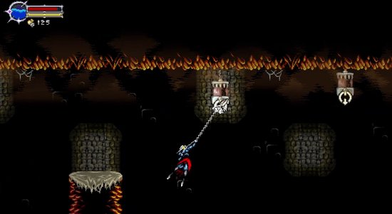 2D-gameplay: een ridder met rode cape slingert aan een ketting door een donkere kerker, met stenen pilaren.