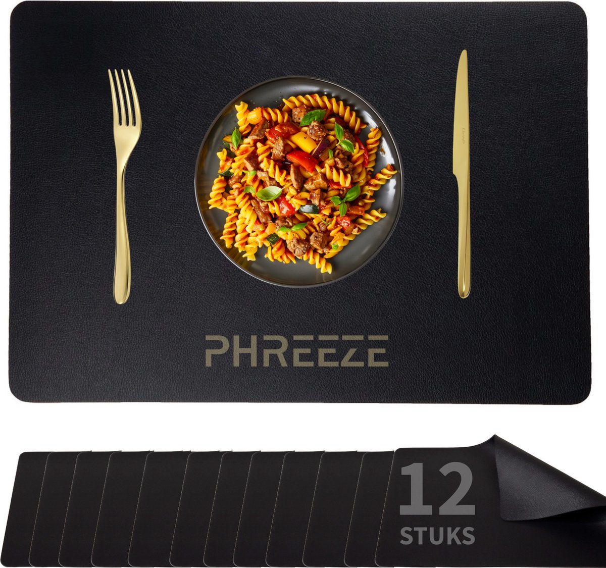 Luxe Placemat Kunststof - 45 x 30 cm - Set van 12 Stuks - Lederlook Placemats - Antislip - Waterafstotende Onderlegger - Onderzetter - Zwart