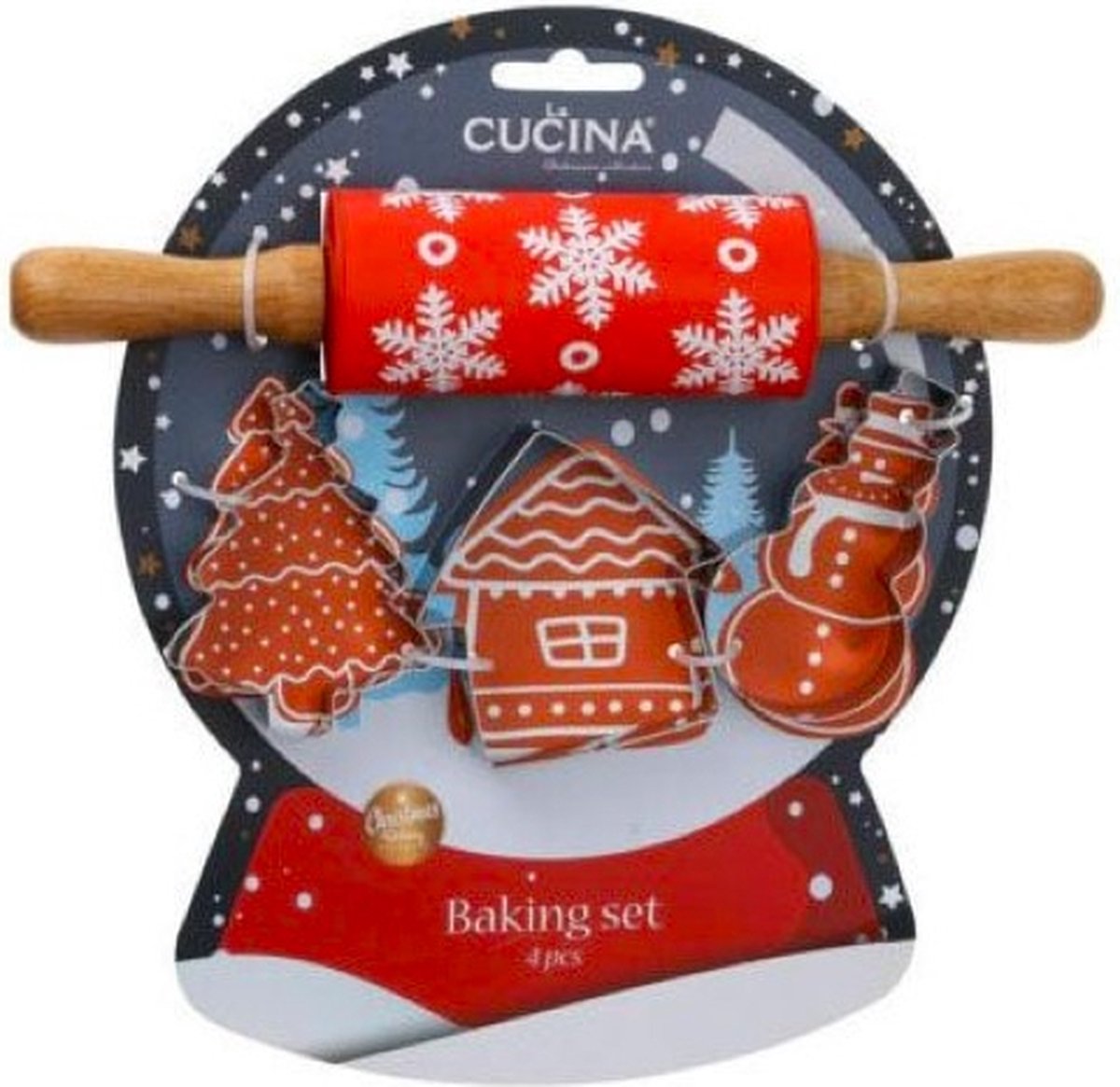 Kerst 4-delige bakset voor kinderen in cadeauverpakking, met deegroller en bakvormen: kerstboom / den, sneeuwpop, Kerst huisje ROOD (cadeau idee voor de feestdagen / Kerstmis!)