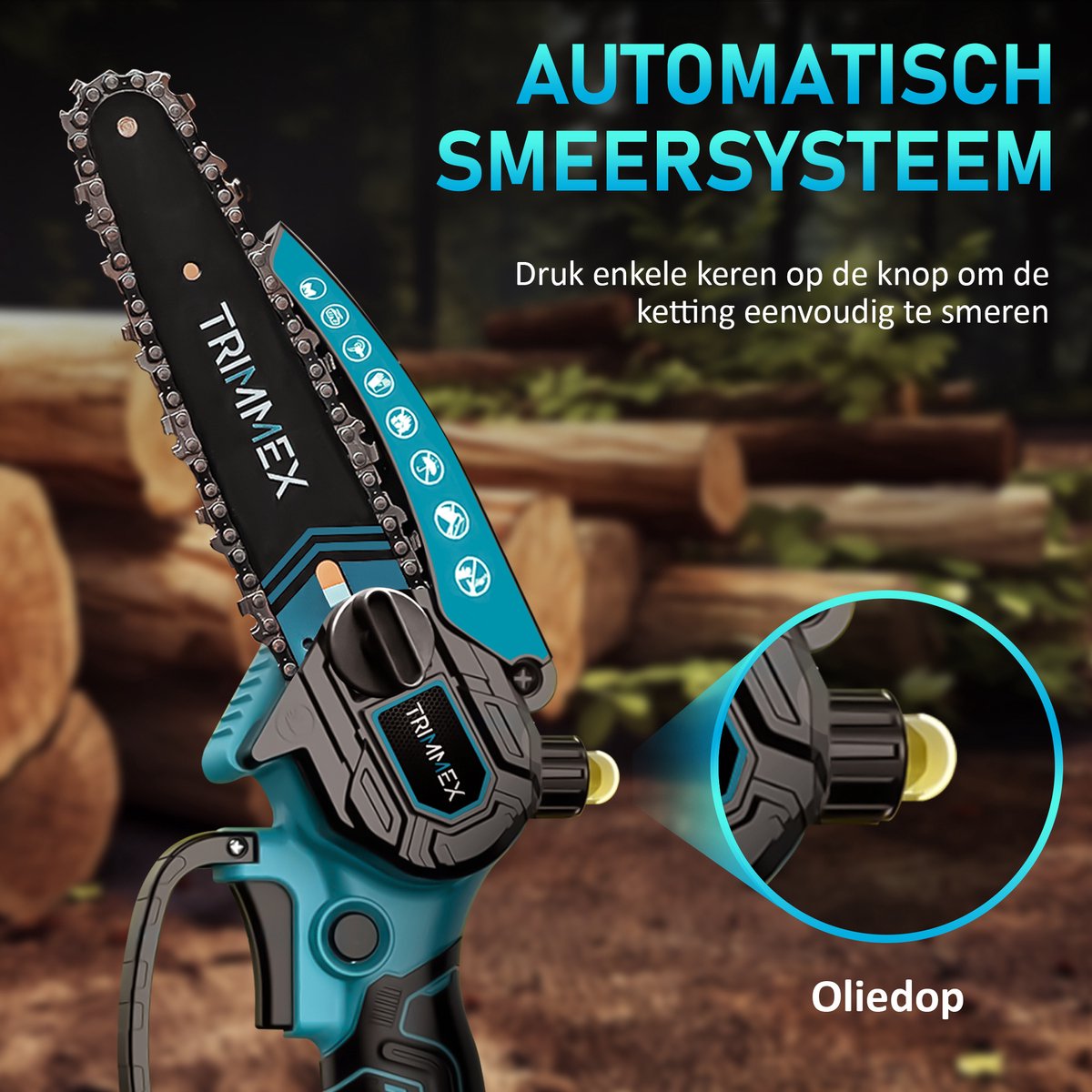 Trimmex® Mini kettingzaag Inclusief 2 Led-Accu's - 2X 4000mAh - Elektrisch Handkettingzaag - Snoeizaag - Takkenzaag - Handzaag - Boomzaag - Automatische Kettingsmering - Brushless – foto 2