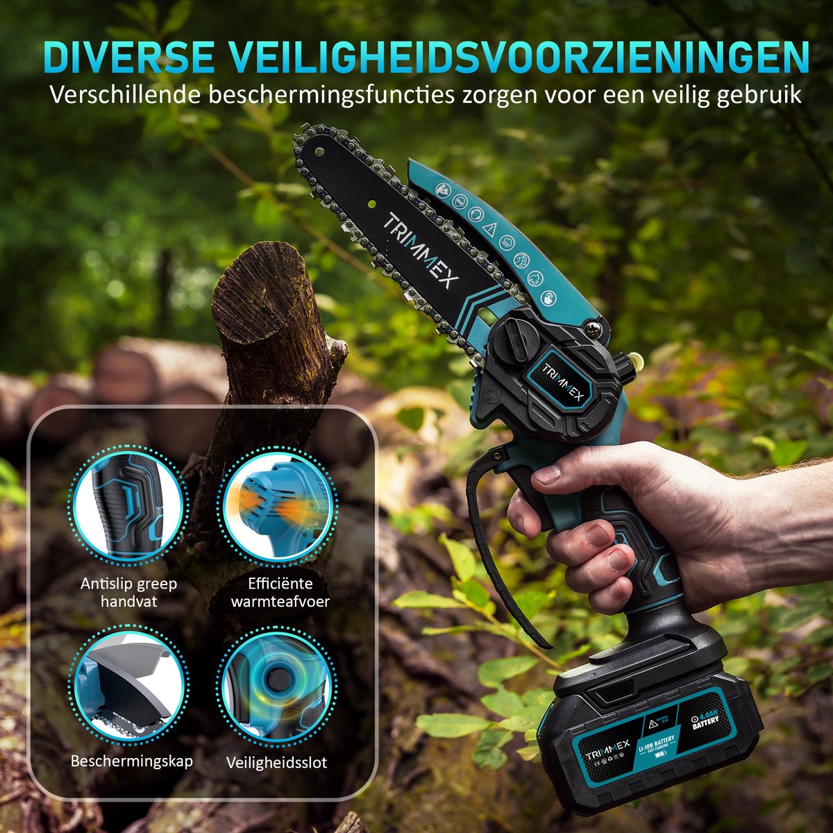 Trimmex® Mini kettingzaag Inclusief 2 Led-Accu's - 2X 4000mAh - Elektrisch Handkettingzaag - Snoeizaag - Takkenzaag - Handzaag - Boomzaag - Automatische Kettingsmering - Brushless – foto 6