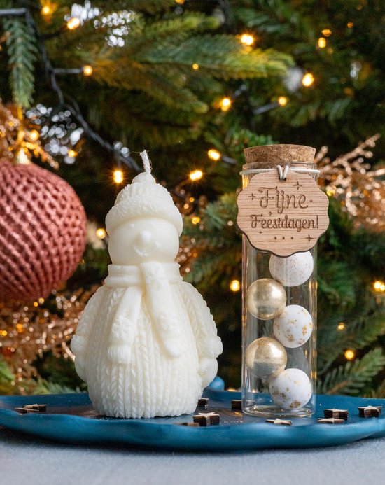 Geschenkset schoteltje in bladvorm in petroleumblauw met sneeuwman kaars - Handgemaakt van Duurzaam Jesmonite met Sojawaskaars en Glittereffect – Decoratie voor Huis, Cadeau, Kerst, Oudjaar & Nieuwjaar - Origineel - Cadeau - Idee