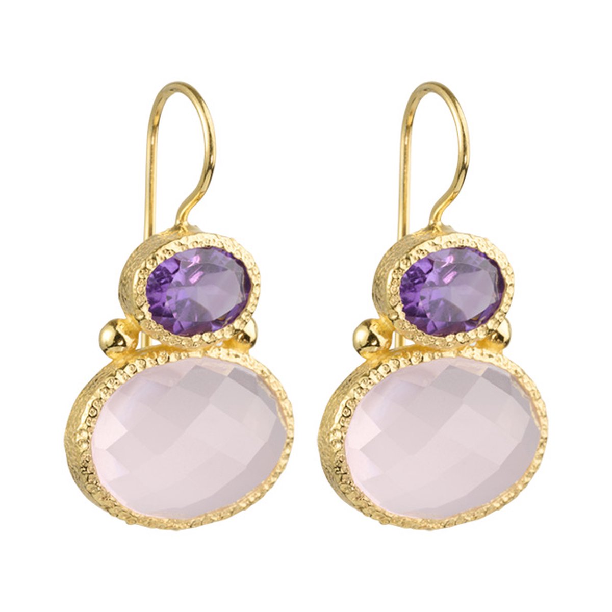 Double gems - oorbellen - goud - amethist - roze chalcedoon