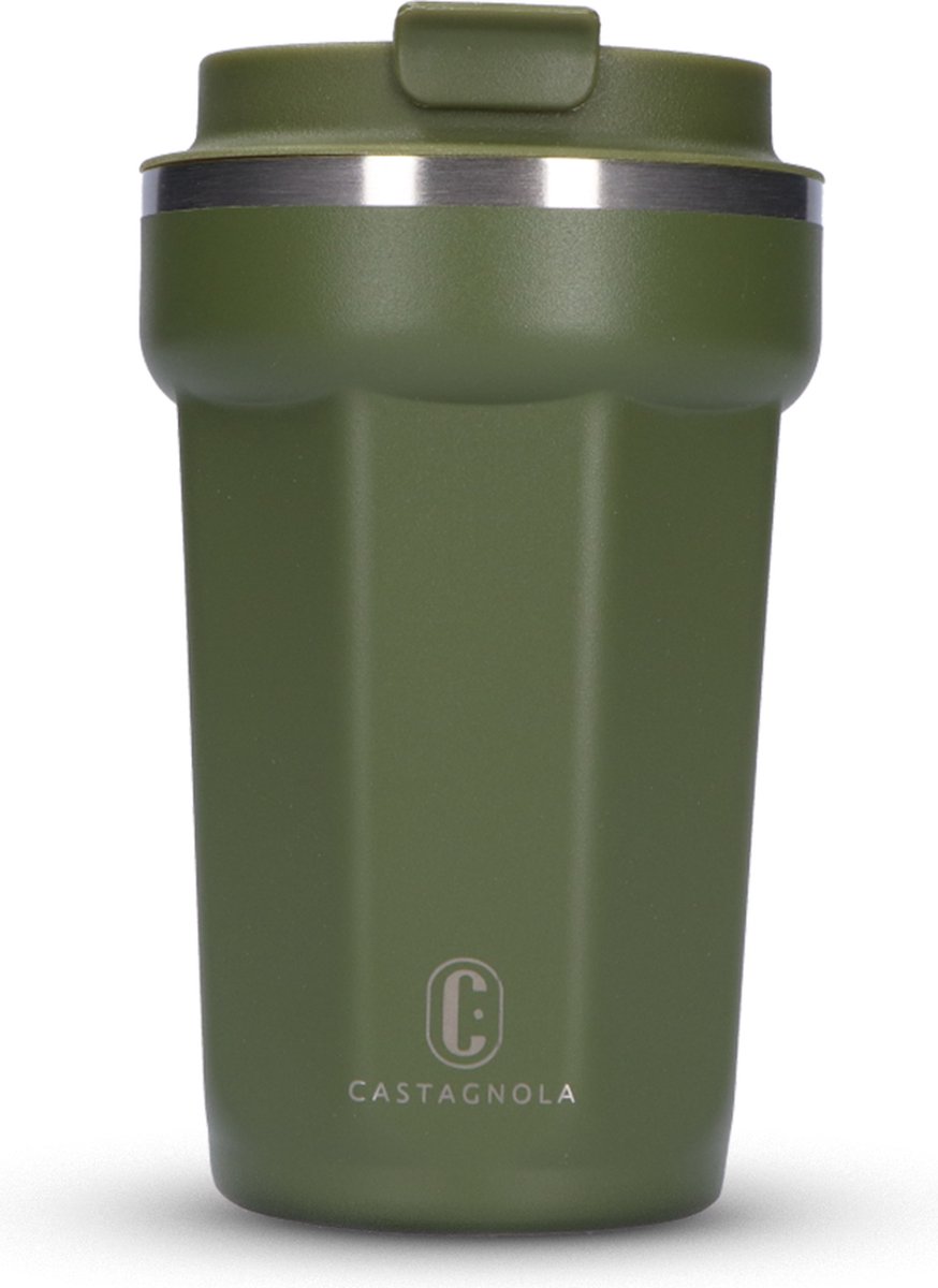 Castagnola Thermosbeker - Koffiebeker To Go - Travel Mug voor Koffie en Thee - Theebeker - 380 ML - RVS - Groen - Octagon