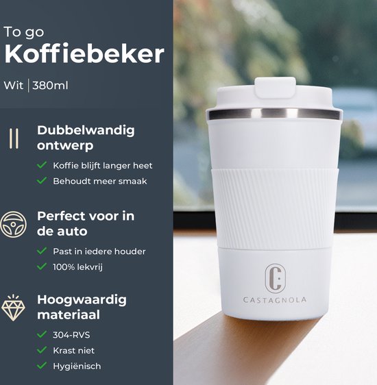 Castagnola Thermos Cup - Coffee Cup To Go - Tasse de voyage pour Café et Thee - Tasse à thé - 380 ML - Acier inoxydable - Wit