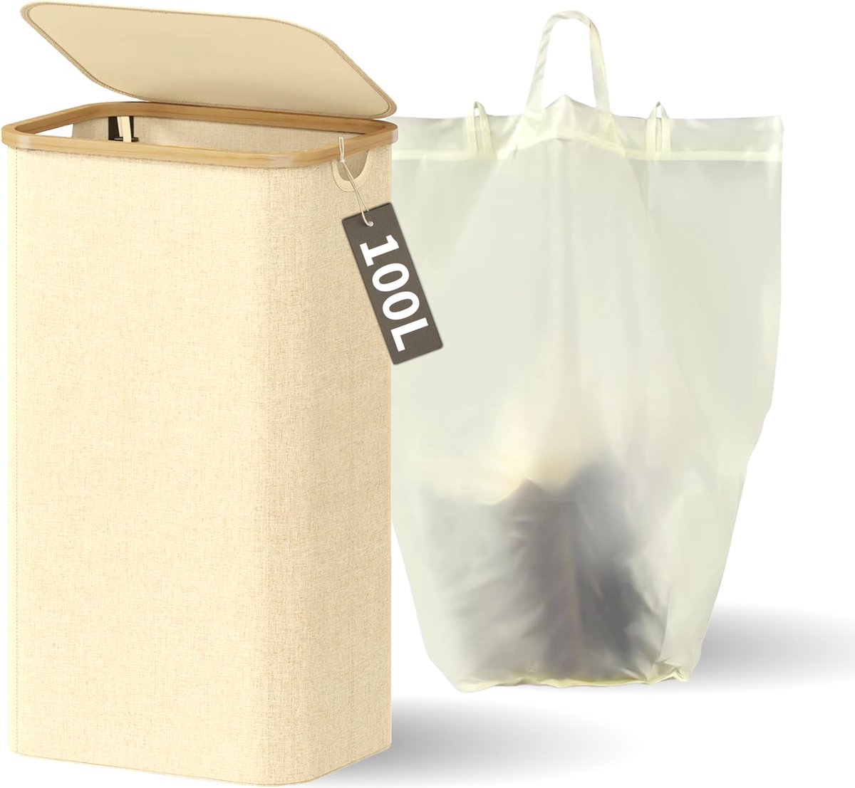 Goedkoopste Wasmand met Deksel en Waszak - 100L - Groot Formaat - Wasmand - Opvouwbaar - Opbergmand - Linnen - Beige