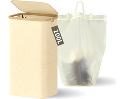 Wasmand met Deksel en Waszak - 100L - Groot Formaat - Wasmand - Opvouwbaar - Opbergmand - Linnen - Beige