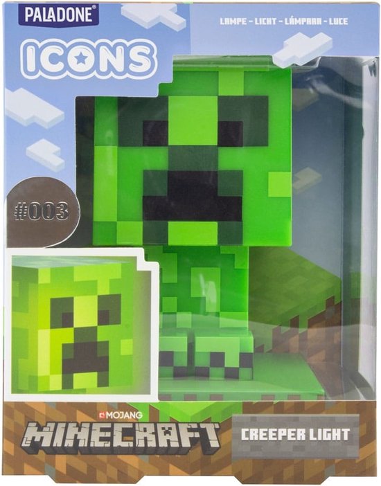 Verpakking van de Minecraft Creeper Icon Light lamp met afbeeldingen van Minecraft-personages.