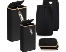 Wasmanden Set - 60L + 100L - 2 Stuks - Wasmand met Deksel - Wassorteerder - Opbergmand - Mand Vuile Was - Zwart