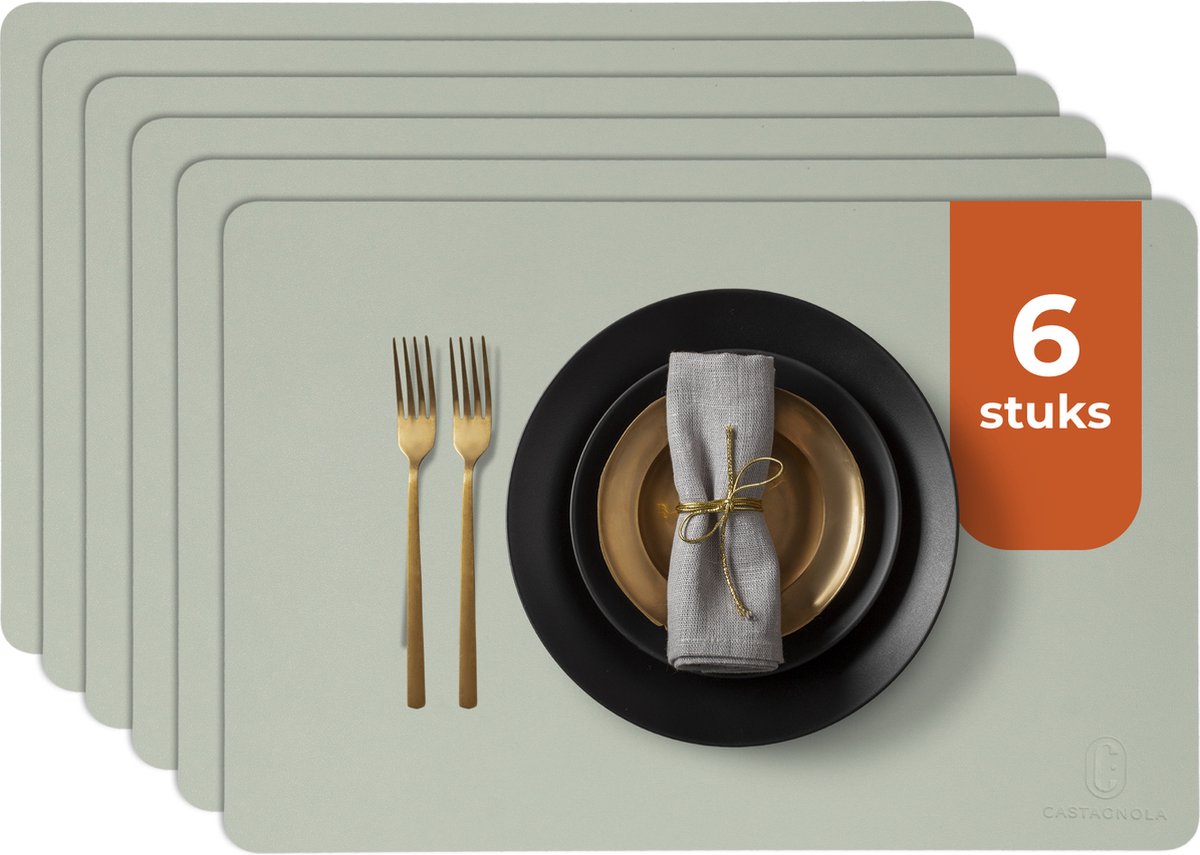 Castagnola Lederlook Placemats - Antislip Placemat van Kunstleer - Waterafstotende Onderlegger - Onderzetter - Placemats kunststof - 6 Stuks - 45 x 30 cm - Lichtgroen