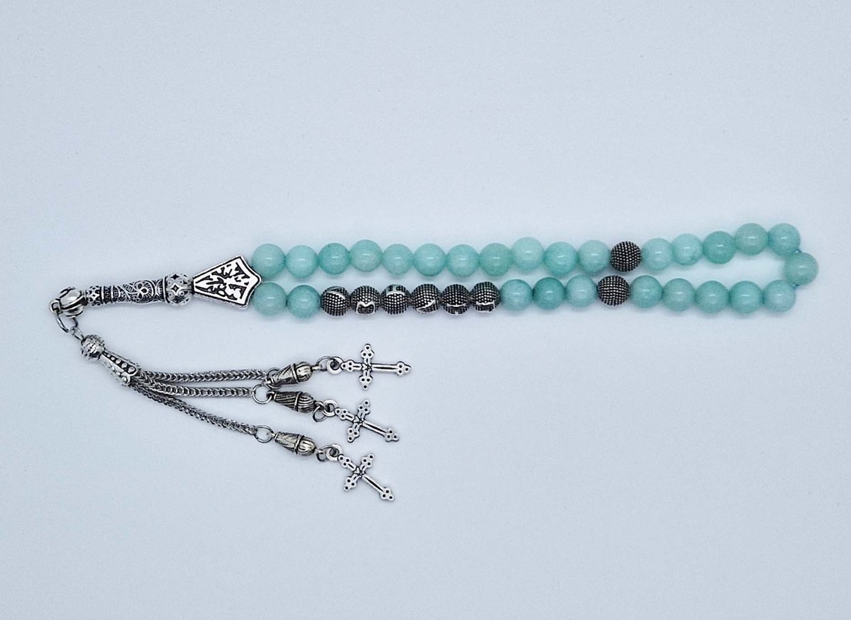 Handgemaakte naam tasbih 33 Kralen Natuursteen “AAA Amazonium” - met metaal tassel “ Kruis"- Met je naam of de naam van uw geliefde- 8 mm diameter van de korrel