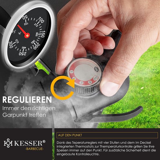 Kesser Tafelbarbecue, elektrisch, 2-in-1, met deksel en voet, max. 2400 watt, inklapbaar, thermometer, antiaanbaklaag, grillplaat en tafelblad, 2 wielen, zwart van KESSER — afbeelding 3