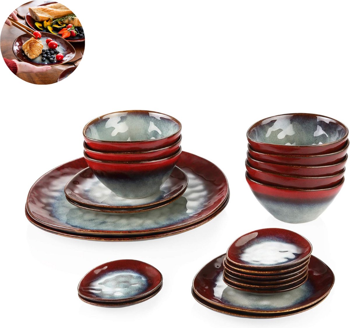 Luxe Serviesset – 22 delig – Porselein - Bordenset – Dinner platen – Dessertborden - Kommen - Schaaltjes - Rood