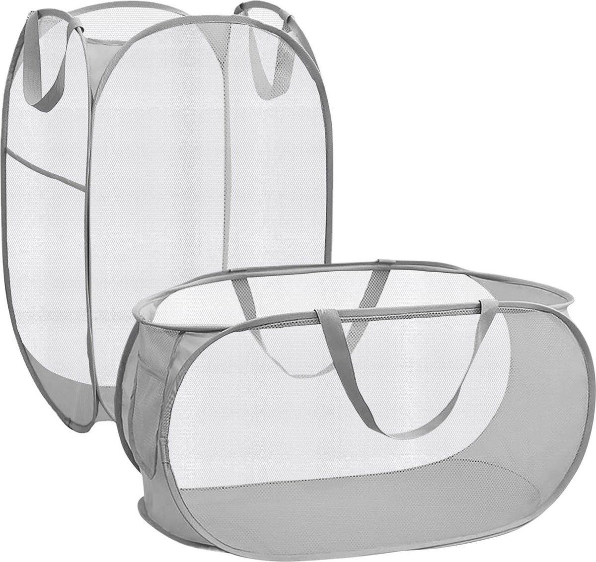 Opvouwbare wasmand 75L - 2 stuks - Mesh opslagmand met zijvak voor kleding - Grijs