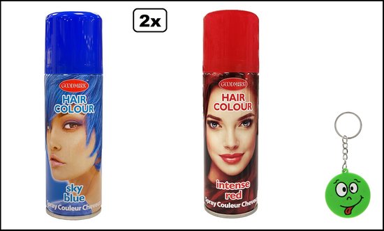 Twee spuitbussen haarkleur: blauw met "sky blue" en rood met "intense red", beide met gezicht. Inclusief een groen smiley sleutelhanger.