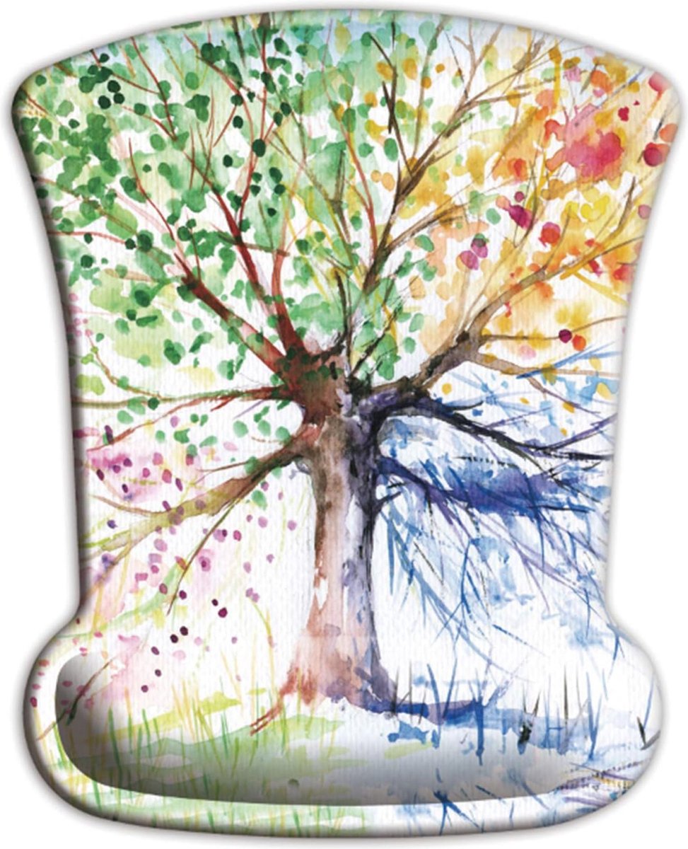 Ergonomische muismat met polssteun, antislip basis en kleurrijke levensboom kunst