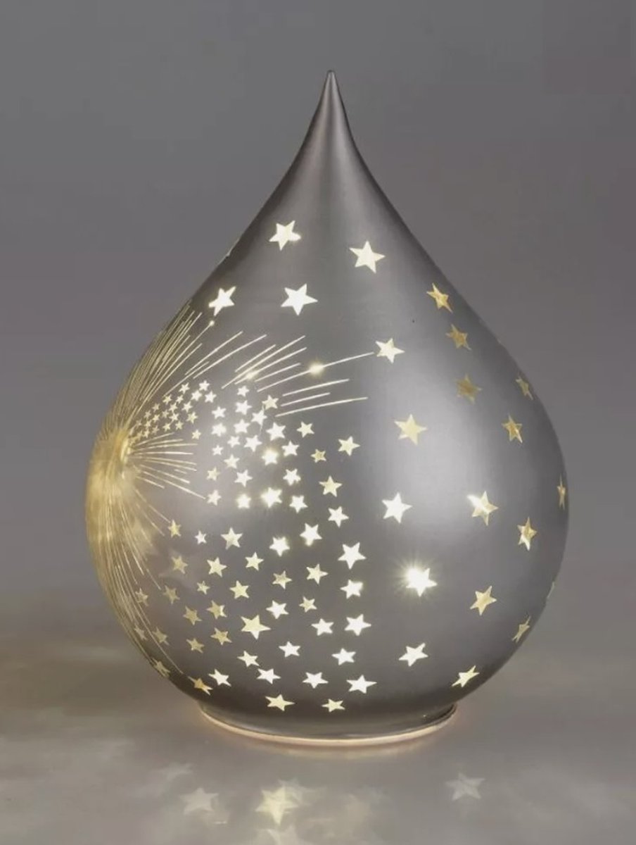 Kerst - Druppel - Decoratie - Grijs- Glas - 19cm - Ø15cm - incl ledlicht - incl. AAA batterij