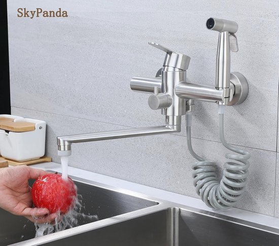 Kraan keuken wandmontage, 360° draaibare keukenkraan wandmontage met spuitpistool, warm- en koudwaterkraan, keukenwandmontage, roestvrij stalen wandarmatuur keuken