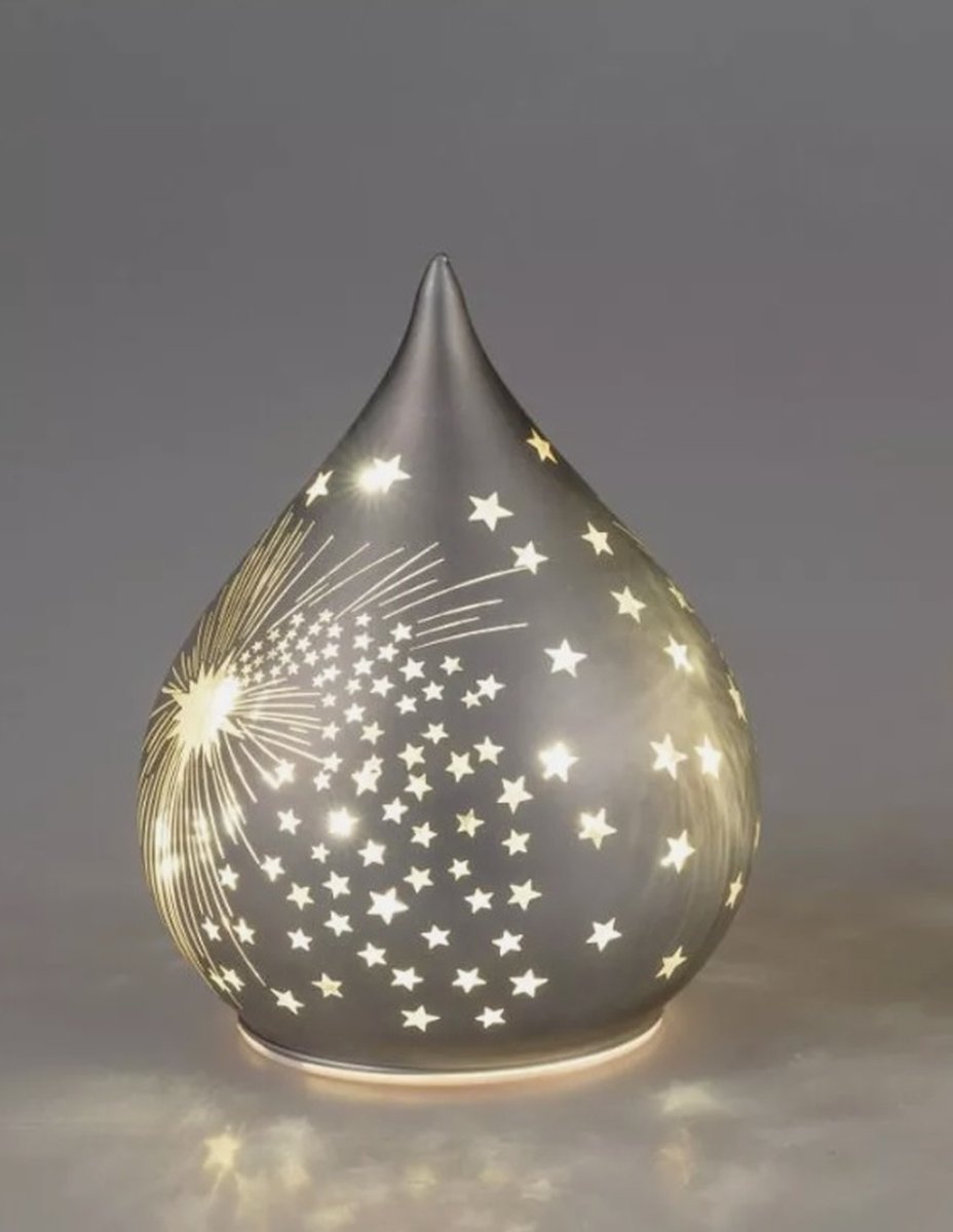 Kerst - Kerst bal - Druppel - Decoratie - Grijs - Glas - 16cm - Ø12cm - incl ledlicht - incl. AAA batterij