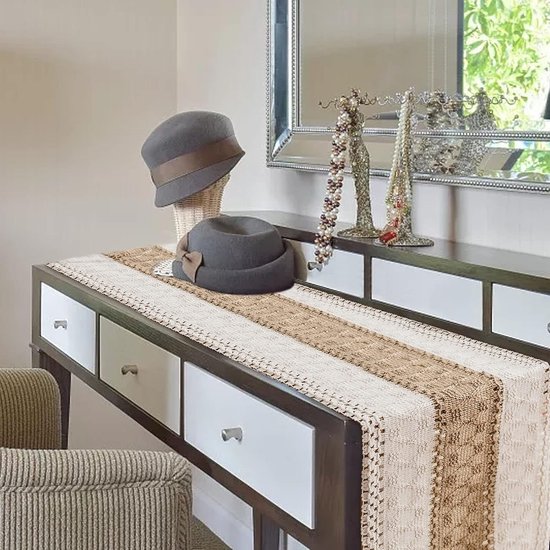 Goodivery ® Tafelloper, beige, linnen, afwasbaar, vintage macramé, tafelloper met