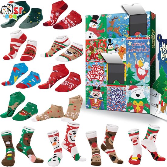 oCreon Adventskalender 2024 - 12 Dagen Warme Katoenen Sokken voor Dames - Inclusief 8 Lage en 4 Kniekousen