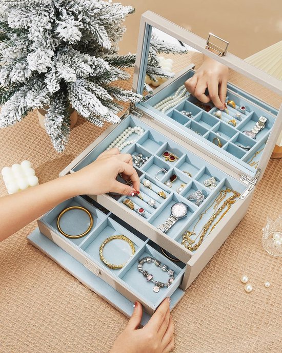 Sieradendoos - Grijs - 36 vakjes - met deksel - 35x24x5cm - velours - oorbellen organizer