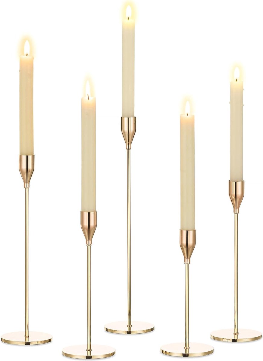 Gouden Kandelaars - Taper Kaarsenhouder Set van 5 Hoge Vintage Metalen Kaarsenstandaard voor Kerst Advent Decor Bruiloft Feest Eettafel Centerpiece Thuis Schoorsteendecoraties