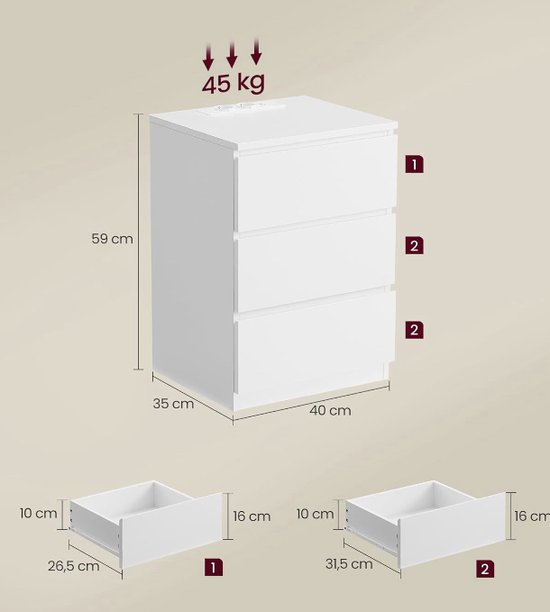 MIRA Home - Bijzettafel - Nachtkastje - Slaapkamer - Wit - 35x45x58,7