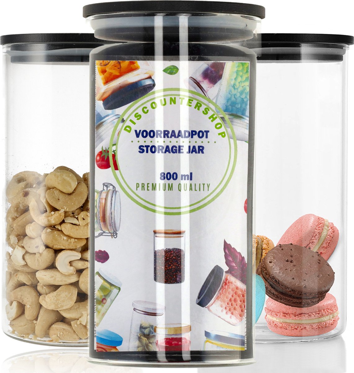 Voorraad Potten – Set van 3 Glazen Voorraadbussen 800 ML met Luchtdichte BPA-vrije Deksel – Glazen Potjes met Deksel – Bewaarpotten – Keukenopslag – Voorraadpotten voor Voedsel, Koffie, Thee, Pasta, Suiker, Kruiden