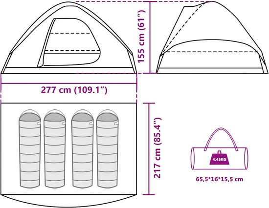 Afmetingen van de tent: 277x217x155cm, met plek voor 4 slaapzakken.