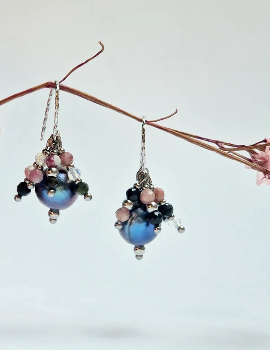 Cluster oorhangers - 925 sterling zilver - Zoetwaterparel - Toermalijn - Opaal - Parel oorbellen - Half edelstenen