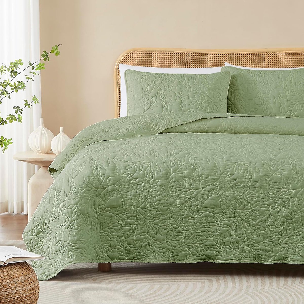 Goodivery ® Ultrazachte en Stijlvolle Bedsprei met Bladerenpatroon en Twee Kussenslopen
