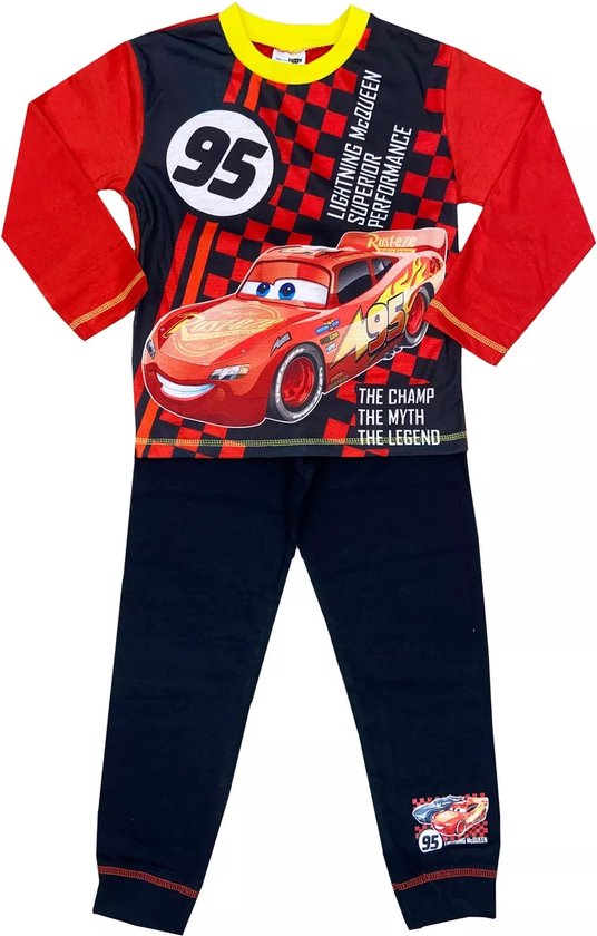Pyjamaset met Lightning McQueen, nummer 95. Rood met zwart, geblokt patroon. Broek is zwart.