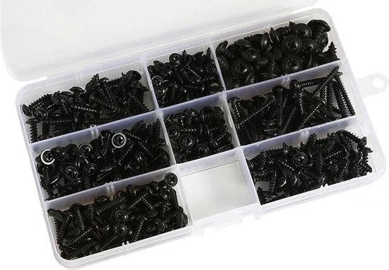 Assortimentsdoos met zwarte, zelftappende schroeven, georganiseerd in 9 vakken.
