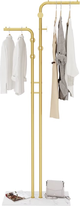 Luxaliving - Kapstok Staand - Wit marmeren Voet - Staande Kapstok - Garderoberek 5 Haaks - H170 x B60 cm - Kledingrek - Goud/Wit