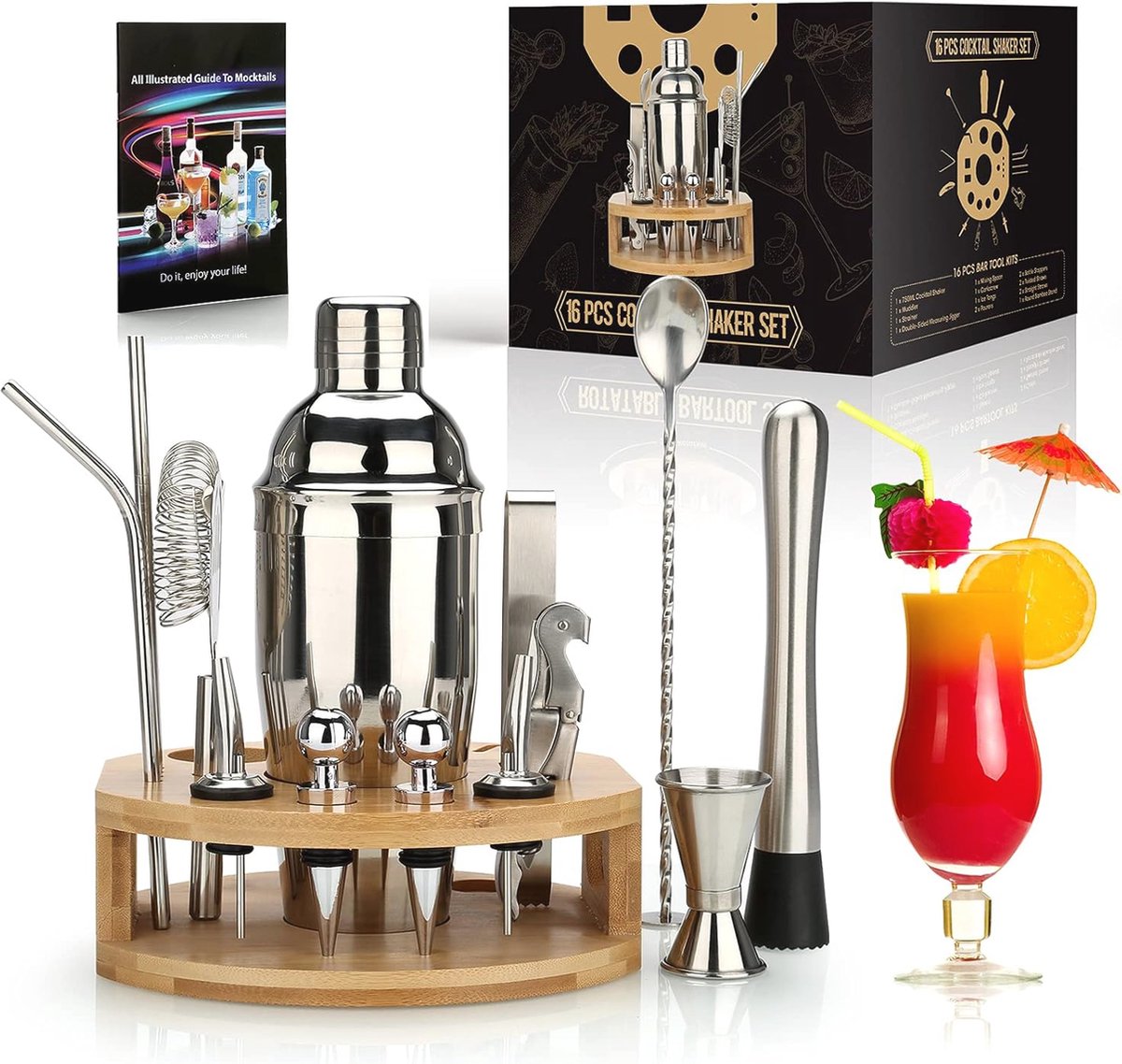 16-delige Bartender Kit - Professionele Cocktailshaker Set met Bamboe Stand - Perfect voor Thuis Mixen