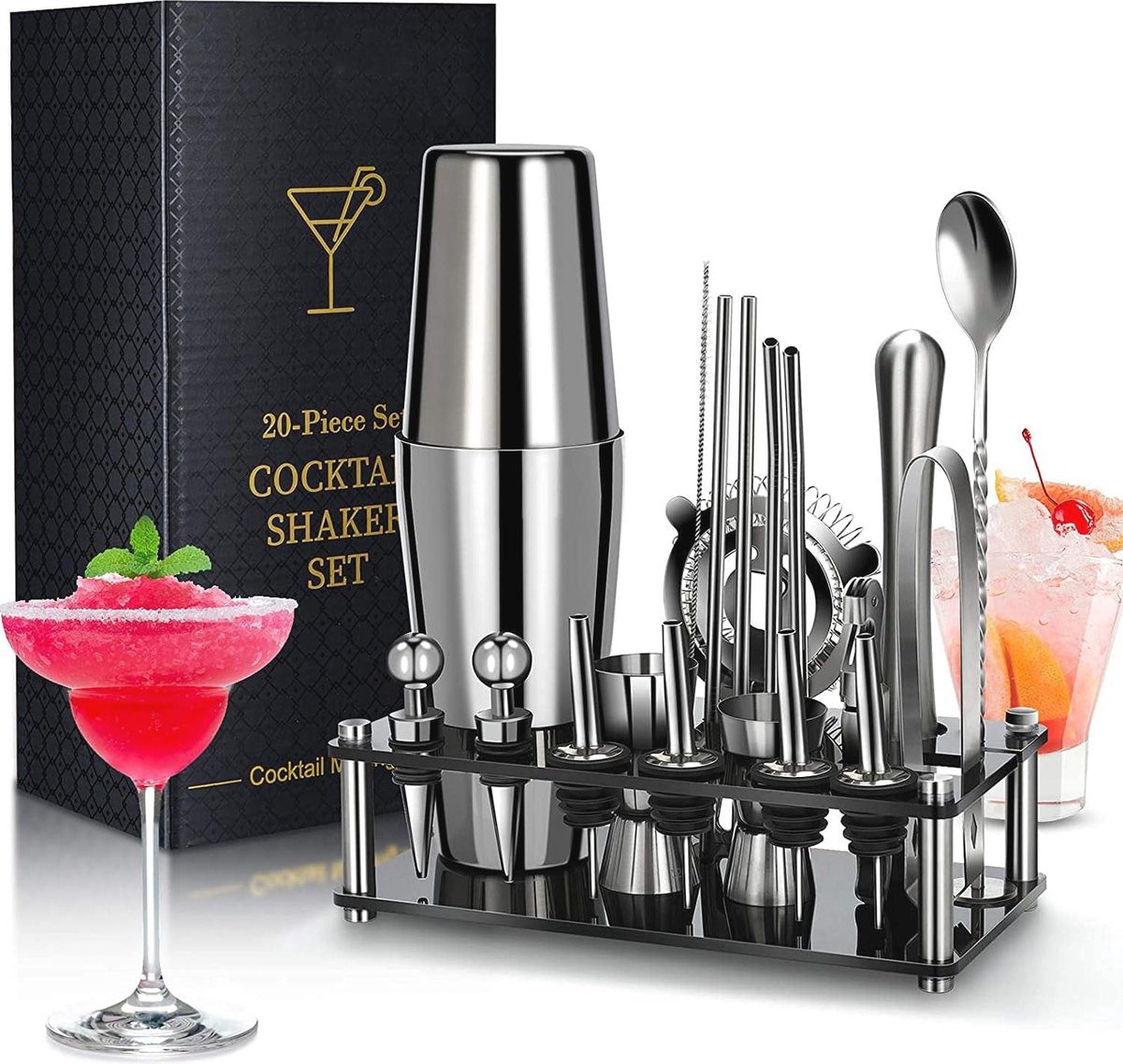 20-delige Cocktail Shaker Set, Professionele Barman Kit met Acryl Stand en Receptenboek