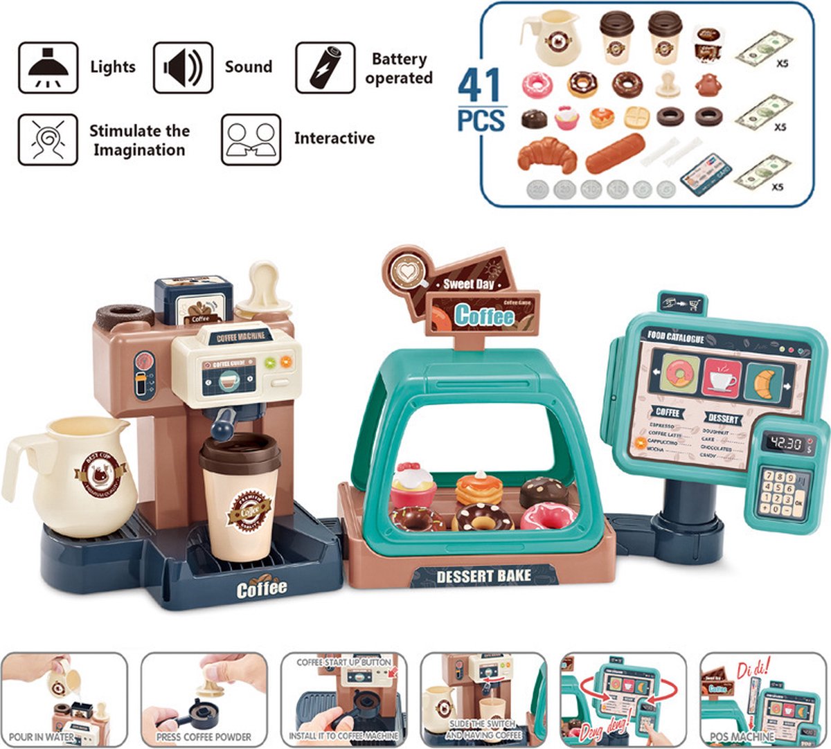 Kindersimulatie speelhuisspeelgoed/simulatie caféspeelgoed/waterkoffiemachine-snoep-donuts-winkelen kassier met creditcard/kinderspeelgoed/verjaardagscadeaus-vakantiecadeaus