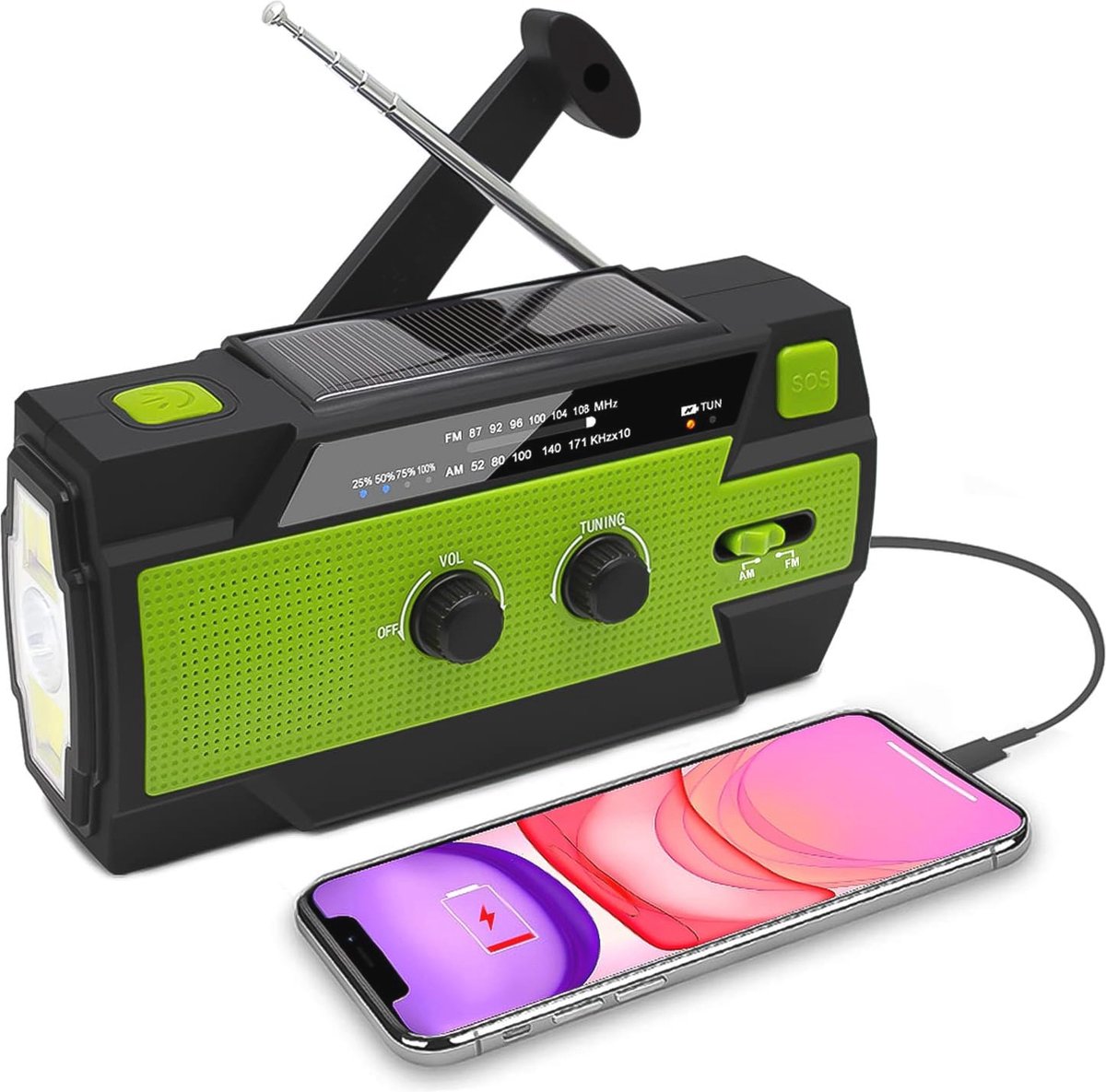 5-in-1 zwengelradio met USB, 4000 mAh powerbank, LED-lamp, SOS-alarm en bewegingsmelder voor noodsituaties en outdoor activiteiten