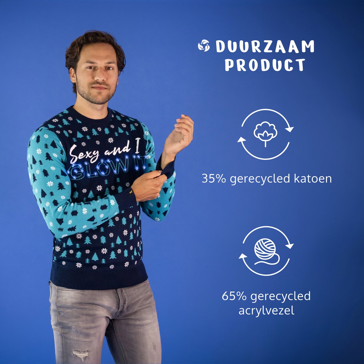 JAP Christmas Kersttrui met lichtjes (maat XS) - 100% Gerecycled - Kriebelt niet - Kerstcadeau volwassenen - Foute Kersttrui dames en heren - Sexy and I GLOW IT - Blauw — afbeelding 5