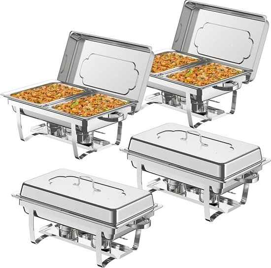 4-delige Chafing Dish Professionele Set Verwarmbare Container RVS Buffetset Rechthoekig 4 ​​x 7,5 L, Warmhoudplaat 53 x 32,5 x 6,5 cm Elke container, voor buffetten, familiefeesten, banketten, bruiloften, enz. | NL
