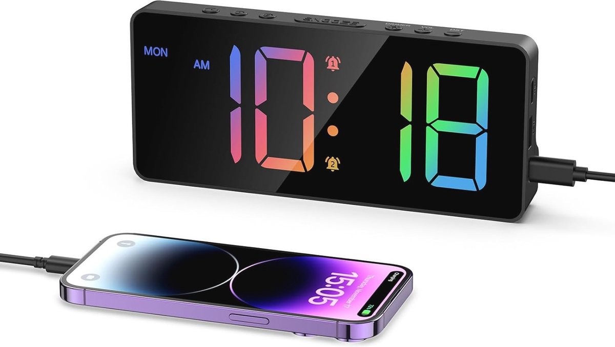 Digitale wekker met 7 inch kleurrijk LED-display, instelbare helderheid en volume, moderne tafelklo