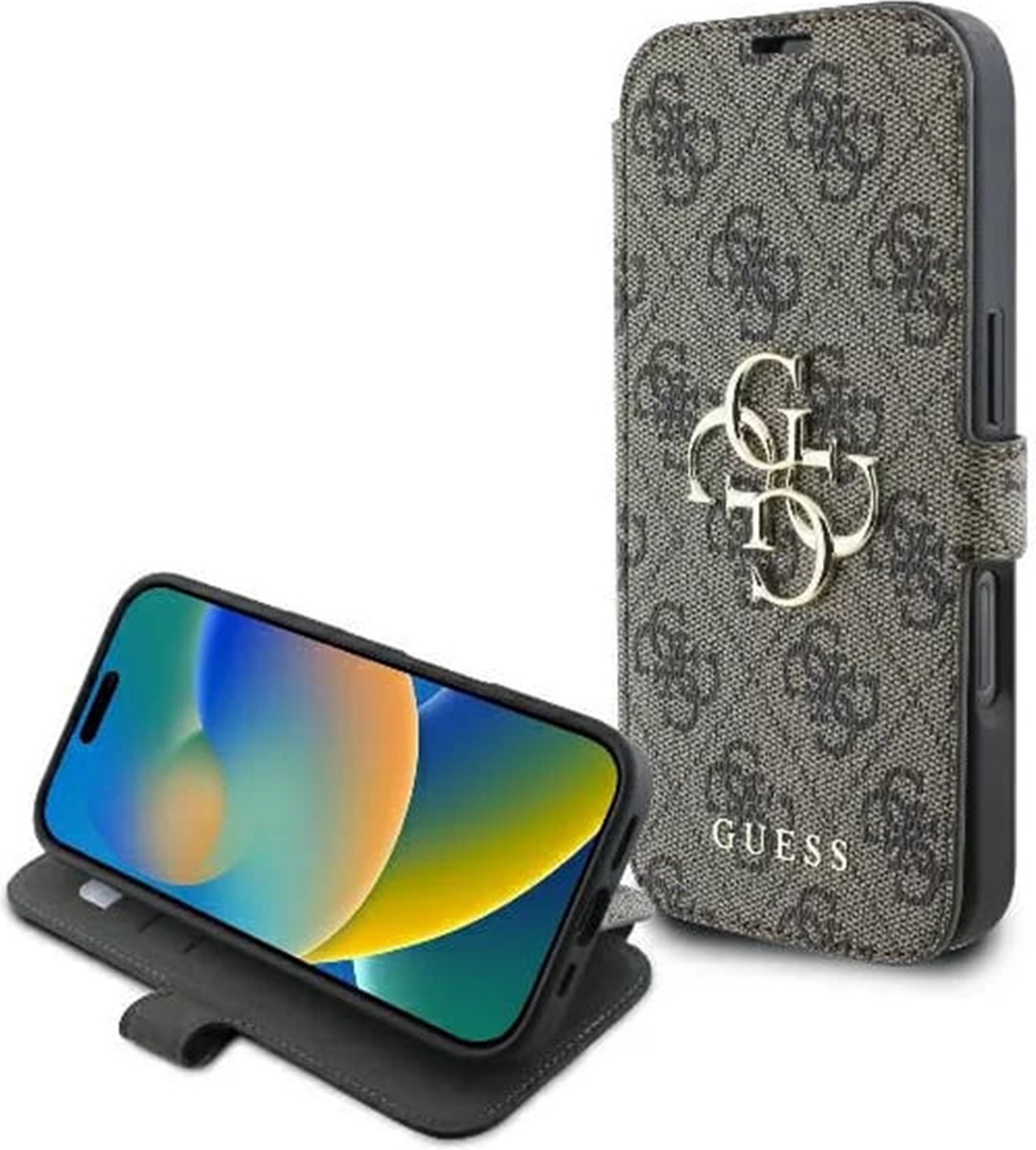 Guess 4G Big Metal Logo Book Wallet Case hoesje voor Apple iPhone 16 Pro Max - Bruin