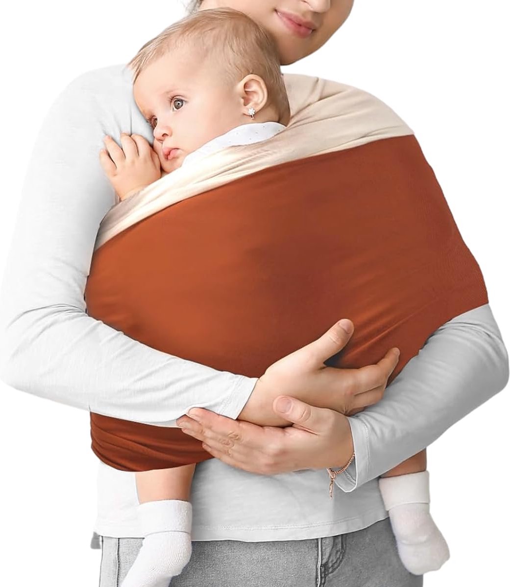 Draagdoek voor pasgeborenen, draagdoek zonder strikken, elastische draagdoek voor baby's, houdt 16 kg stand, ergonomisch en comfortabel, babyverzorgingsdraagdoek, oranje en beige
