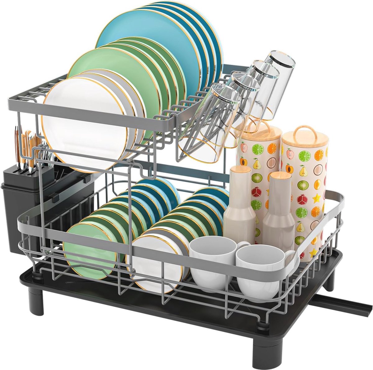 Goedkoopste Dubbellaags Afdruiprek voor Servies met Anti-Roest Coating en 360° Draaibaar Mondstuk