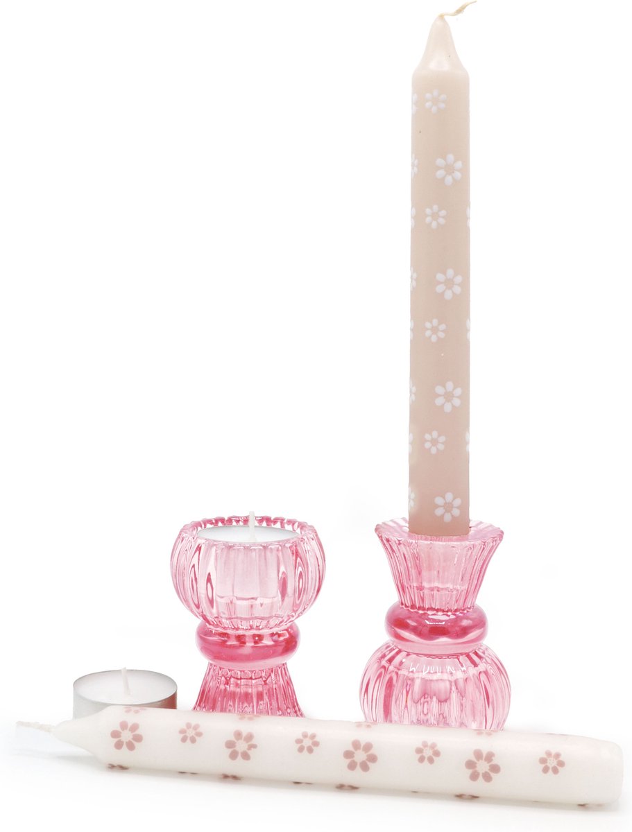 Cadeauset / giftset kaarsenhouder roze inclusief 2 kaarsen en 2 waxinelichtjes, roze, glazen kandelaar, complete set, cadeau idee verjaardag, cadeau idee Moederdag