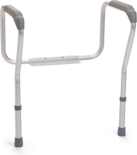 Zilverkleurige toiletbeugel met grijze handvatten en donkergrijze doppen.