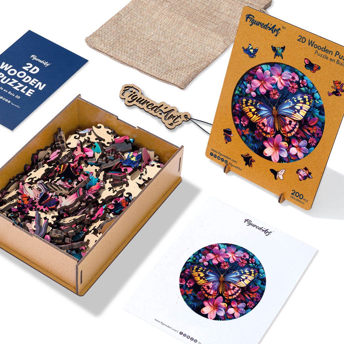 Figured'Art Houten Puzzel 200 Stukjes Volwassenen en Kinderen - Dieren - Vlinder en Bloemen - Uniek Design 28,5x28,5 cm met Premium Houten Doos, Perfect als Cadeau — cadeau in Spellen & Speelgoed - foto 3