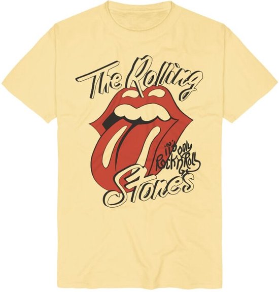 Lichtgele T-shirt met de iconische rode Rolling Stones "tong en lippen" logo en "It's Only Rock 'n Roll" tekst.